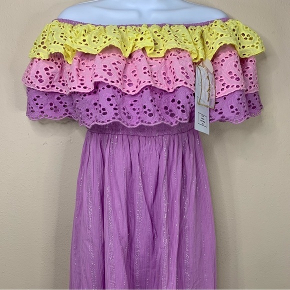 NEW Sundress Ruffle Lace Maxi Dress Pastel Strapless Purple Pink Yellow Vibrant - Picture 4 of 13
